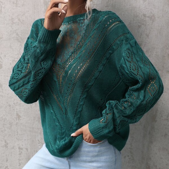 Cozy Floral Lace Mesh Knit Oversized Sweater Top - Picture 4 of 14